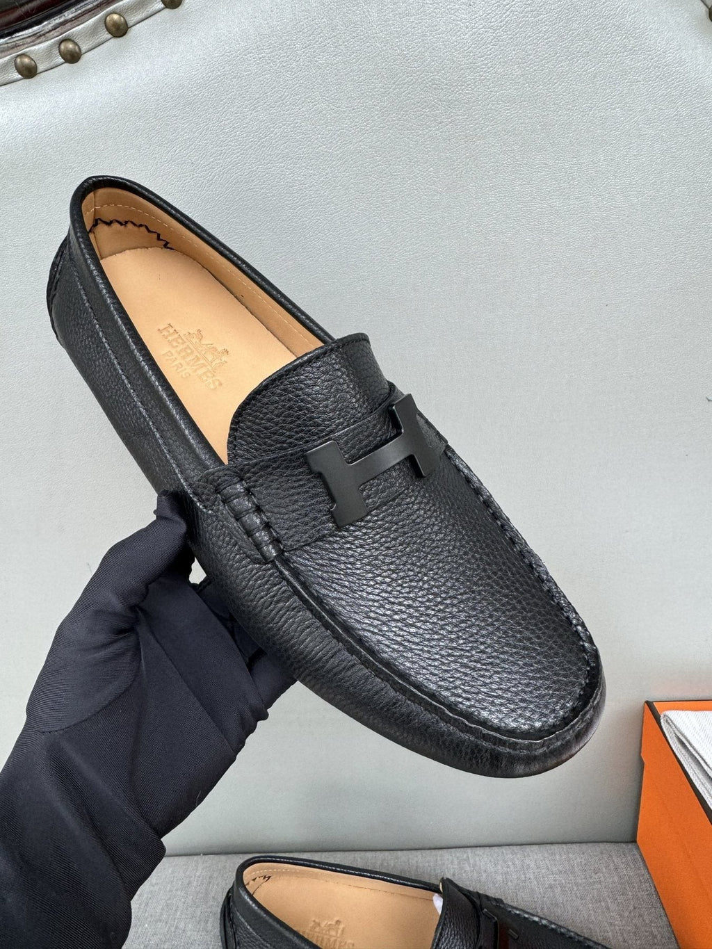 Hermès Black H-Hardware Loafers — detail