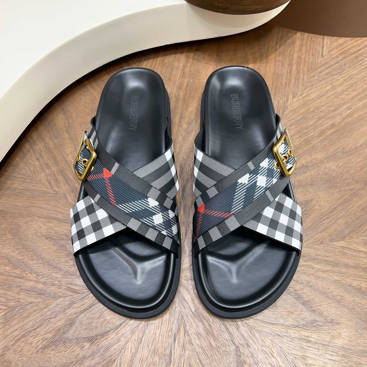 Burberry Checked Cross-Strap Slide Sandals — front