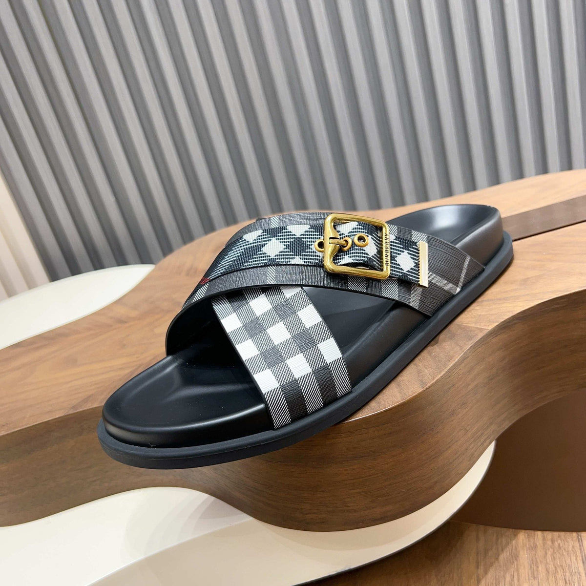 Burberry Checked Cross-Strap Slide Sandals — hero