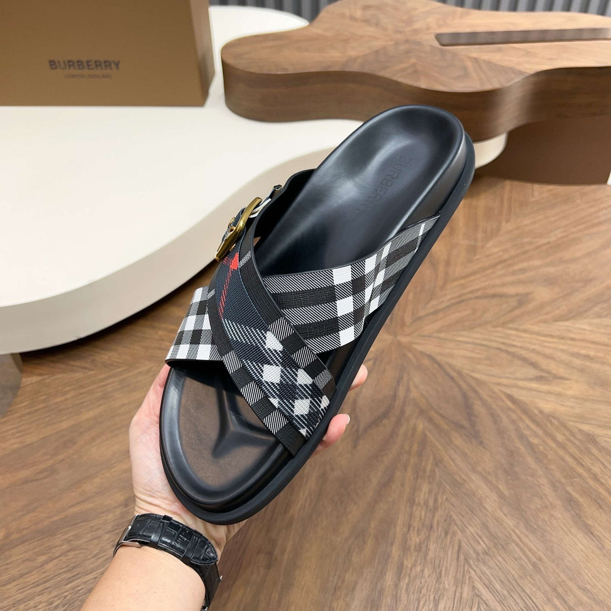 Burberry Checked Cross-Strap Slide Sandals — side