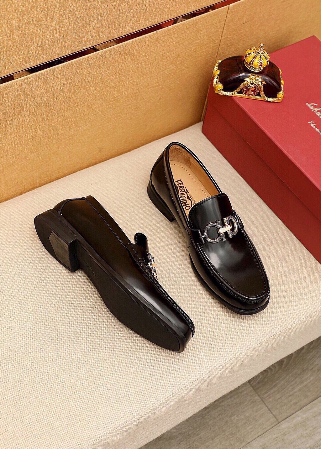 Ferragamo Black Hardware Loafers — front