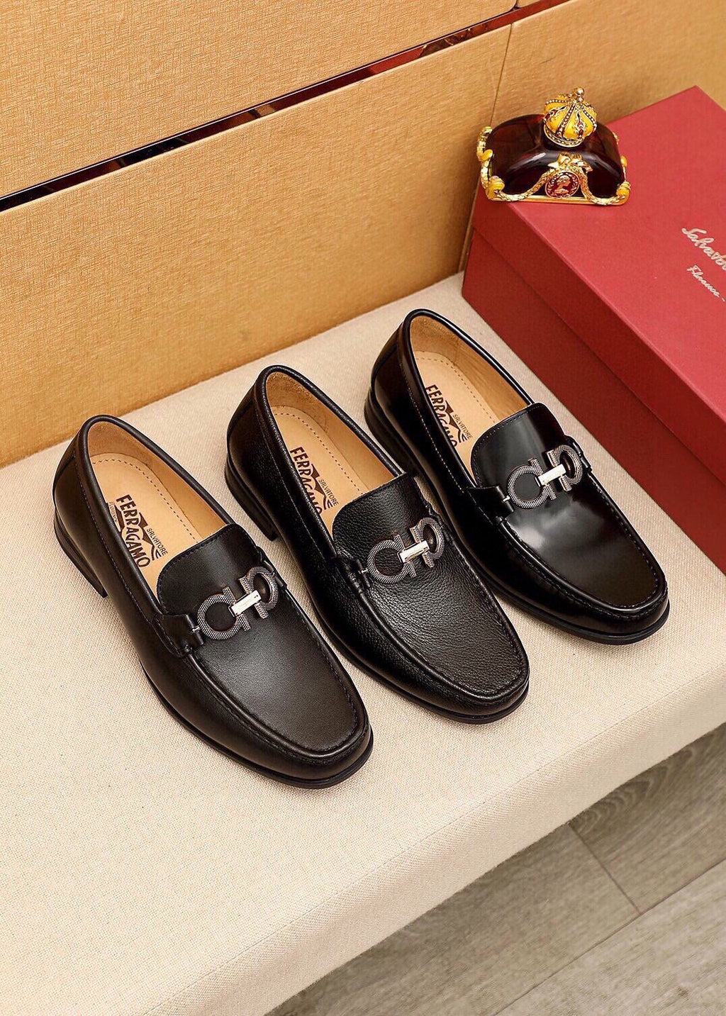 Ferragamo Black Hardware Loafers — front