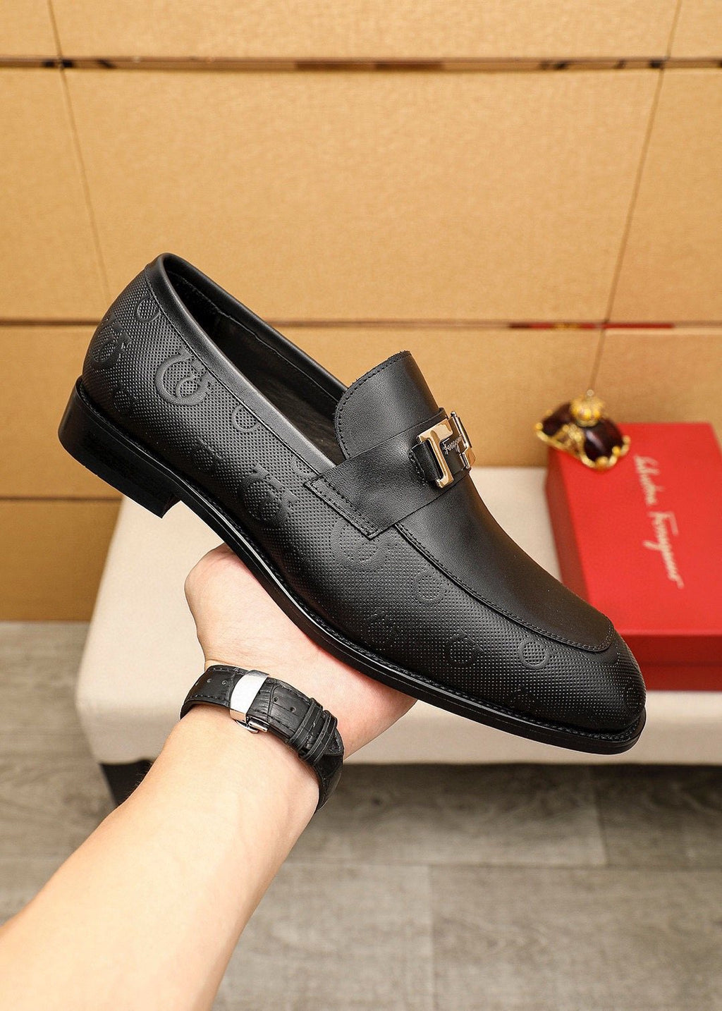 Ferragamo Black Silver-Buckle Loafers — side