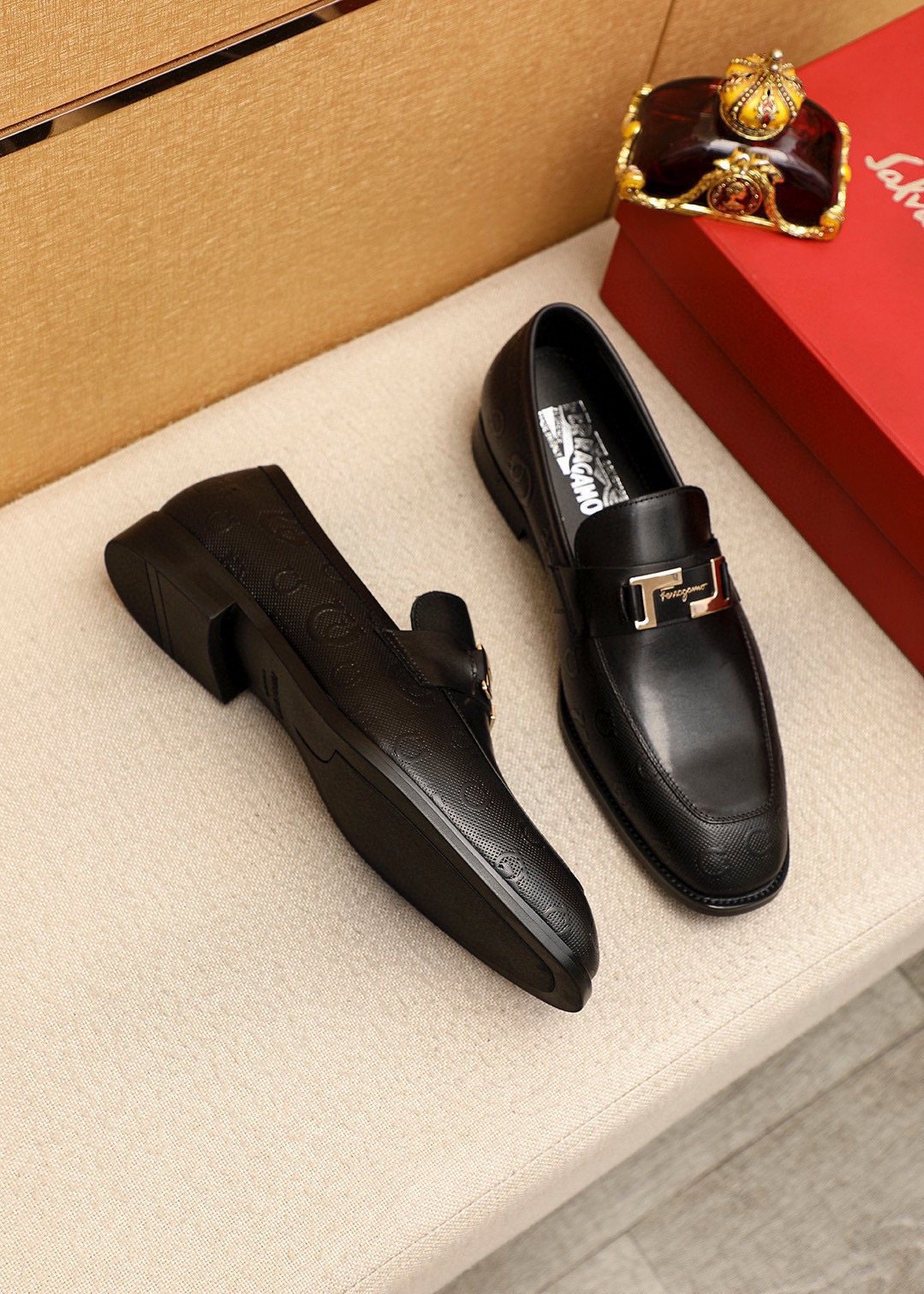 Ferragamo Black Silver-Buckle Loafers — side