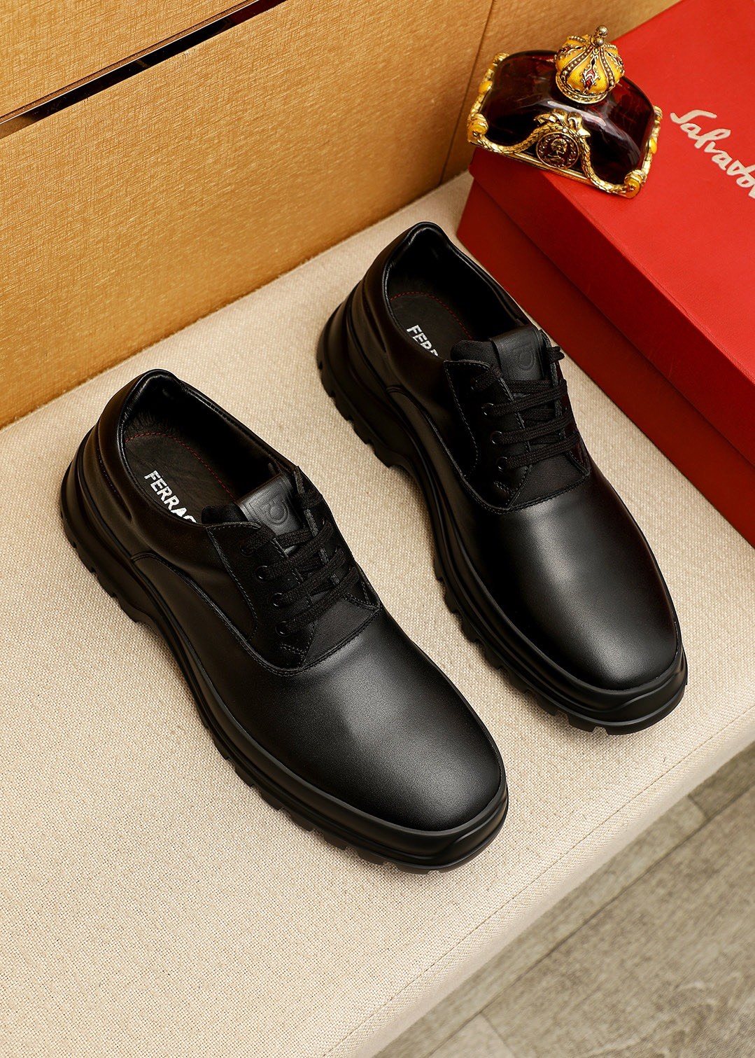 Ferragamo Black Leather Lug Sole Lace-Up Shoes — hero