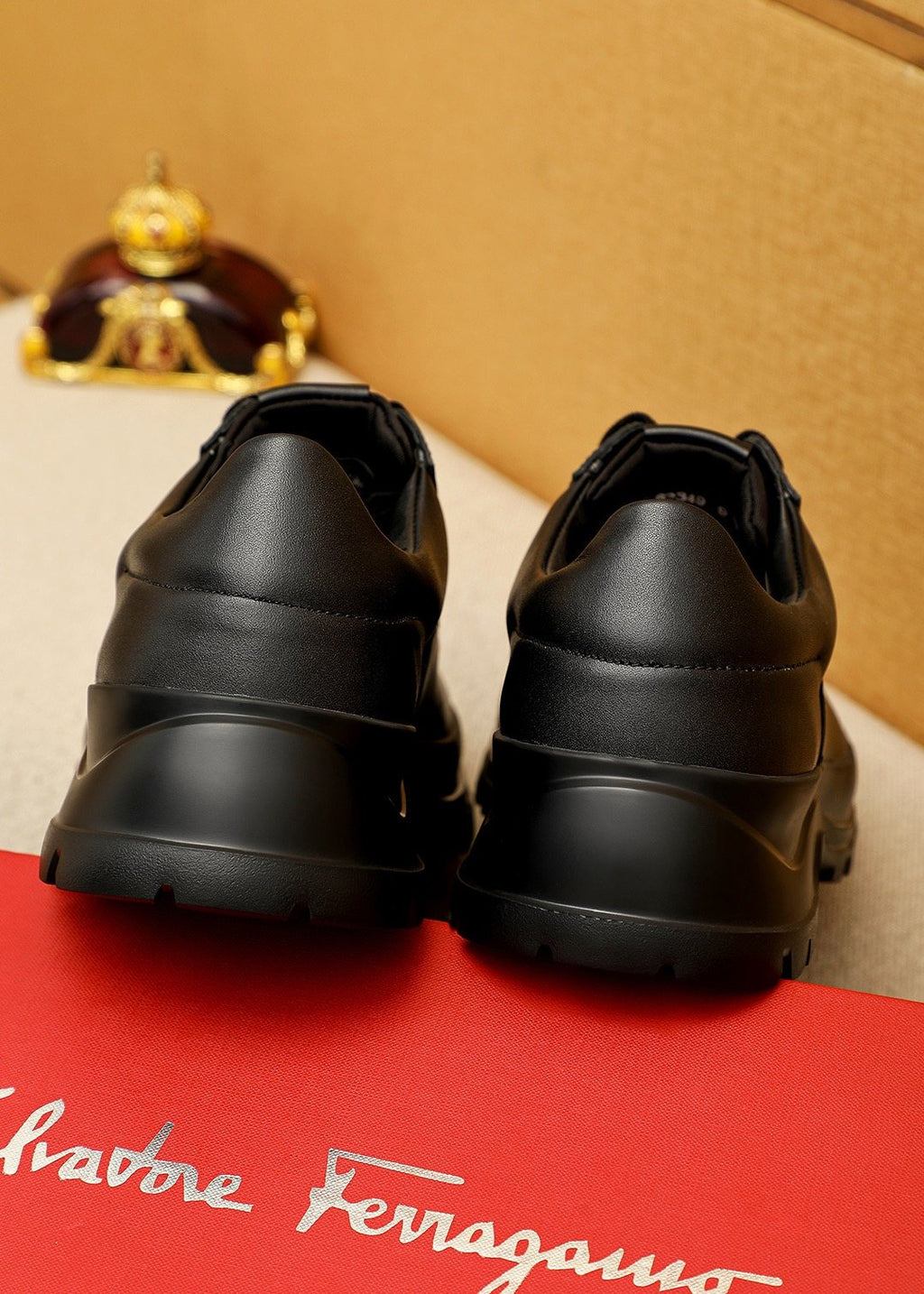 Ferragamo Black Leather Lug Sole Lace-Up Shoes — back