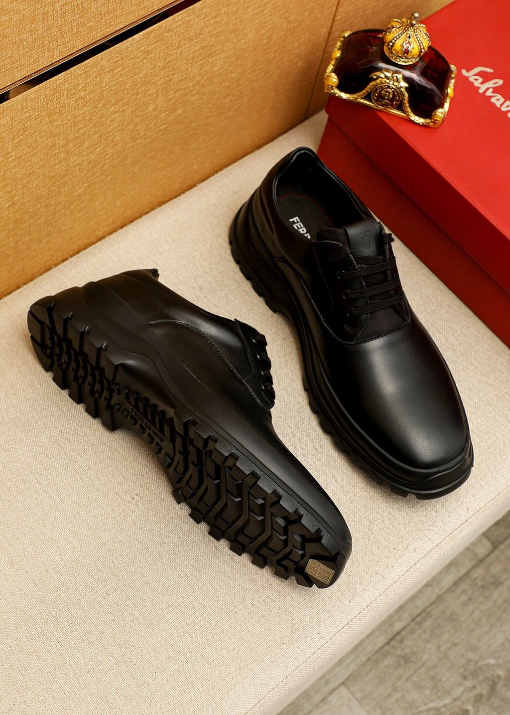 Ferragamo Black Leather Lug Sole Lace-Up Shoes — side