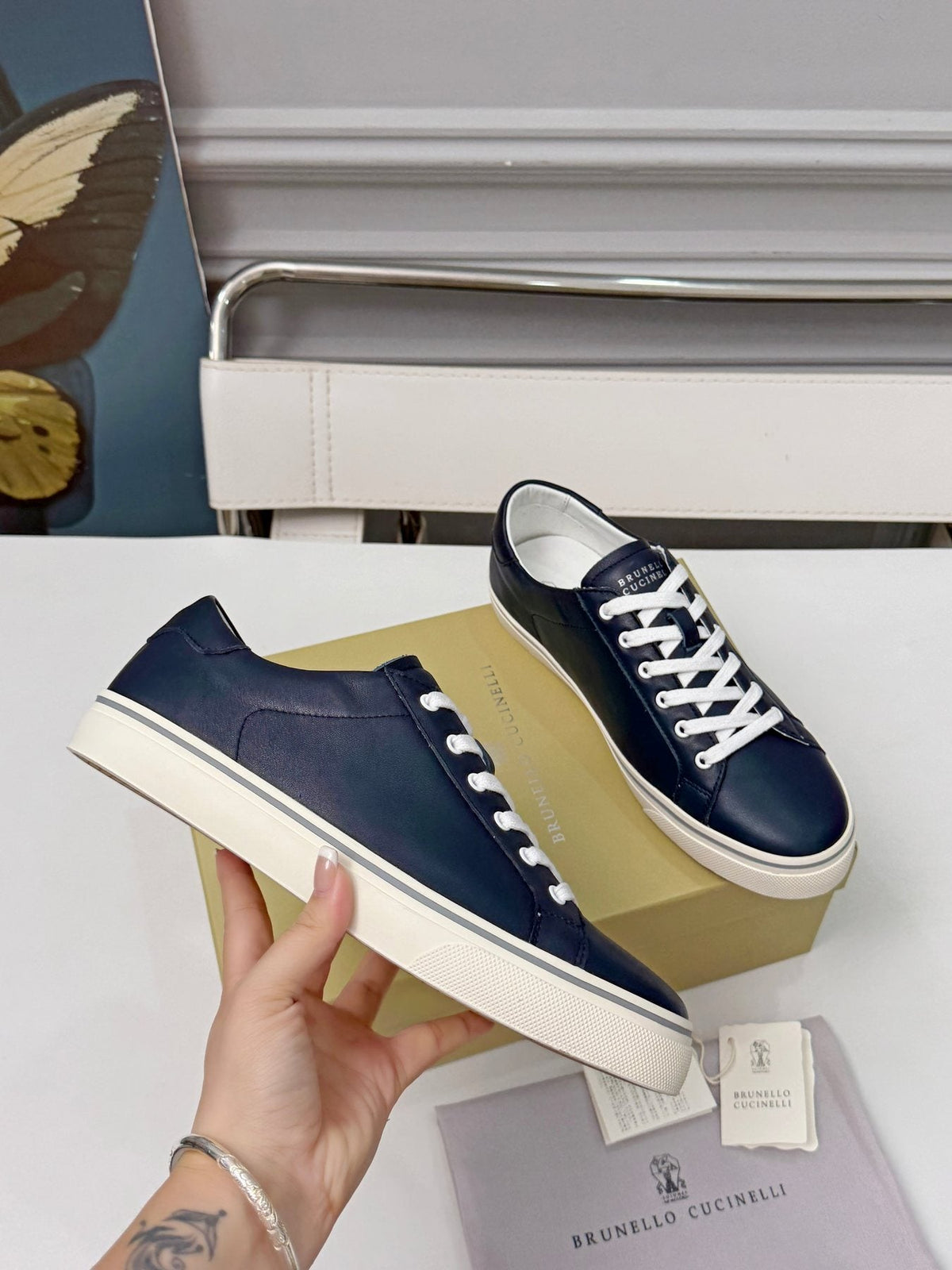 Brunello Cucinelli Navy Leather Low-Top Sneakers — side