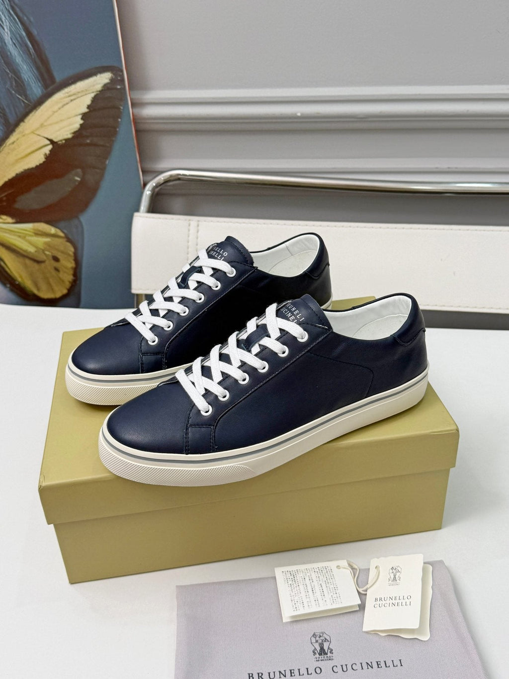 Brunello Cucinelli Navy Leather Low-Top Sneakers — front