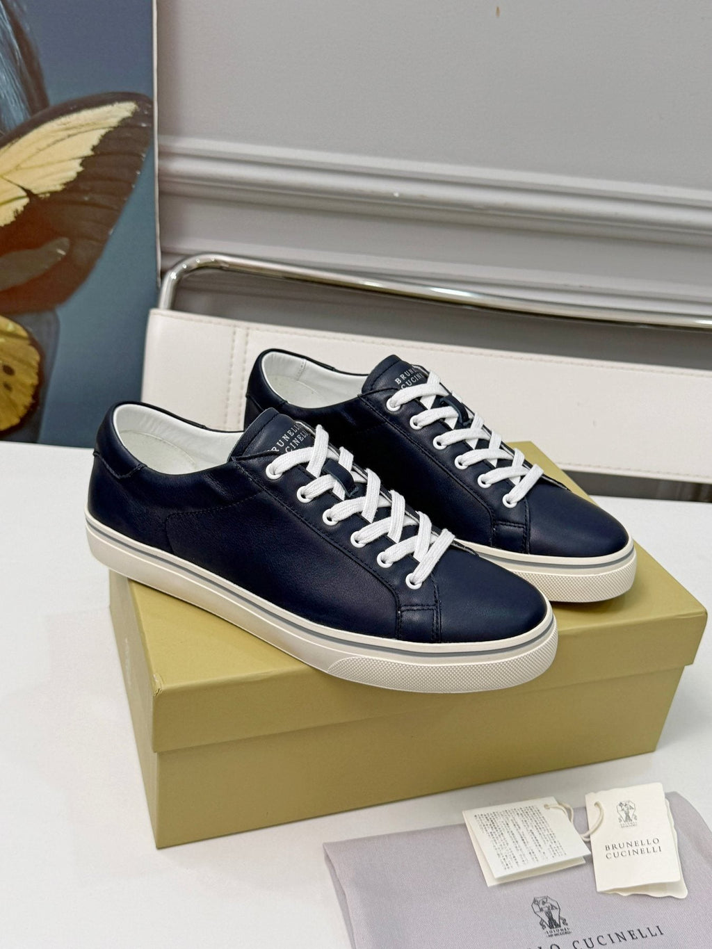 Brunello Cucinelli Navy Leather Low-Top Sneakers — front