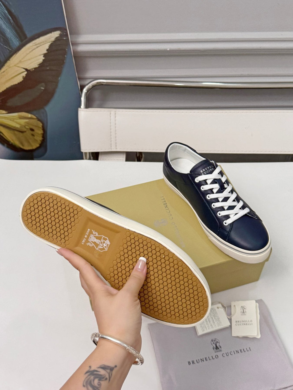 Brunello Cucinelli Navy Leather Low-Top Sneakers — side