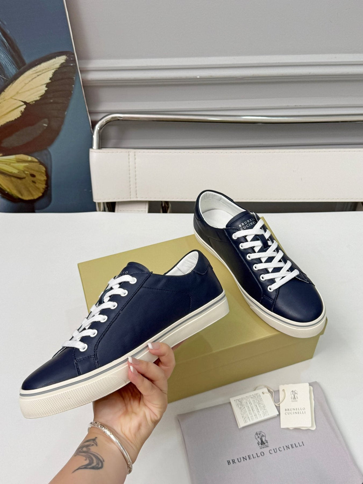 Brunello Cucinelli Navy Leather Low-Top Sneakers — side