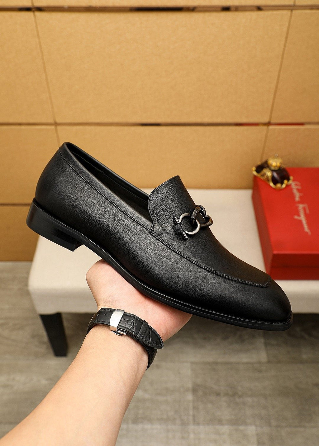 Ferragamo Black Metal Bit Loafers — side