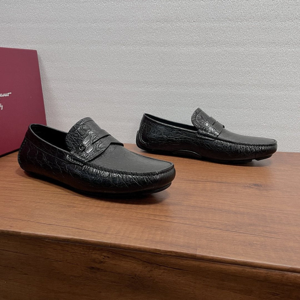 Ferragamo Black Crocodile-Embossed Driving Loafers — side