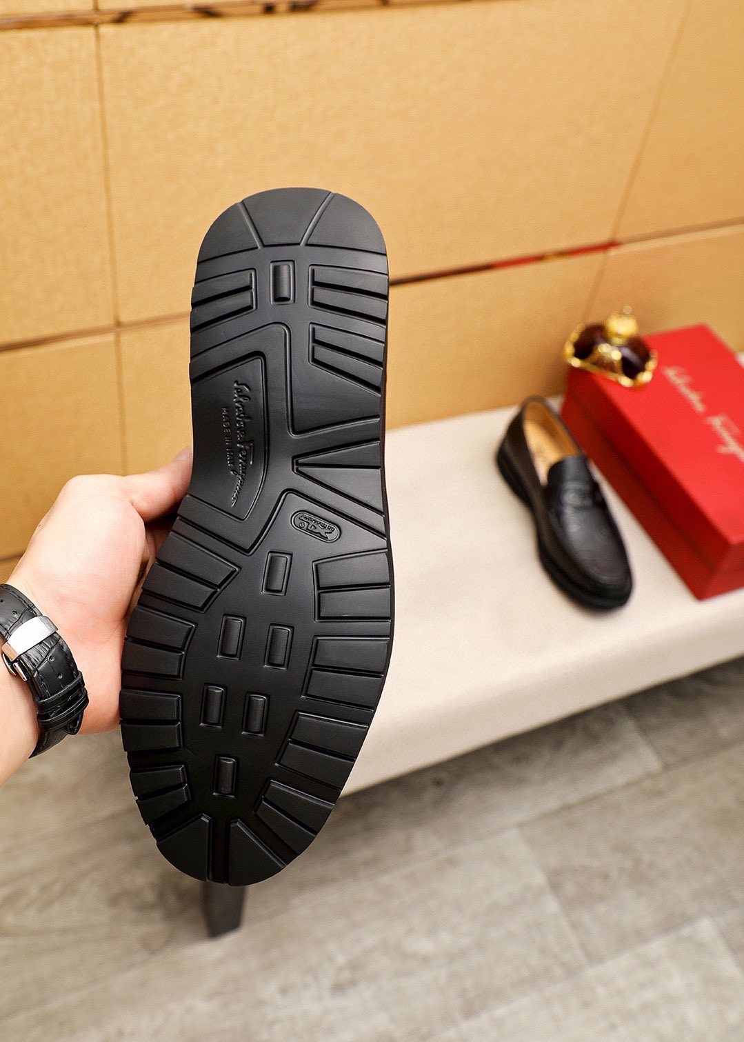 Ferragamo Black Embossed Slip-On Shoes — detail