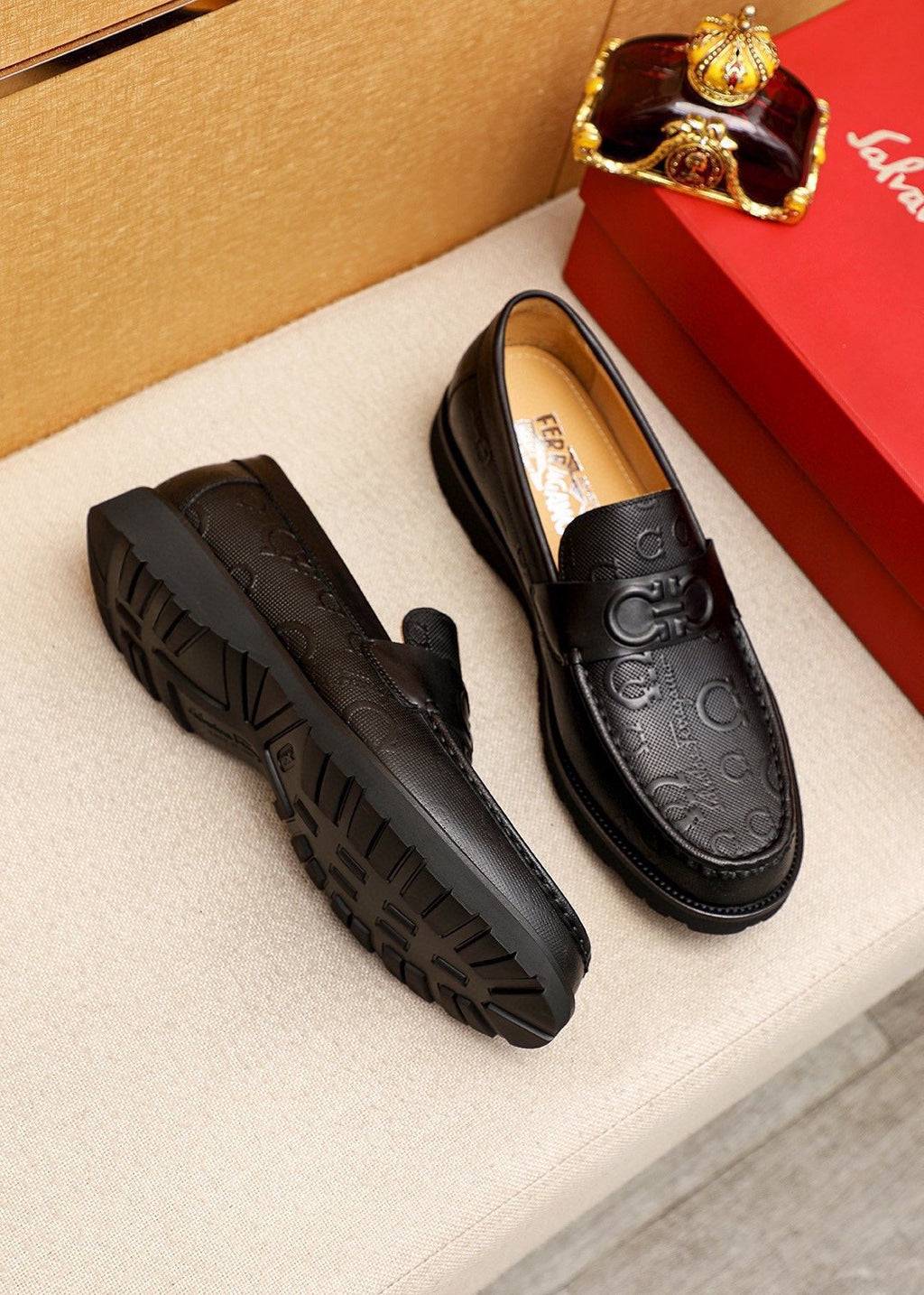 Ferragamo Black Embossed Slip-On Shoes — front