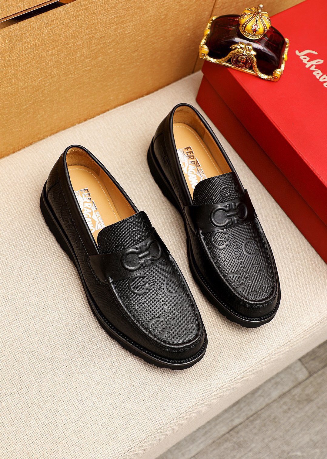 Ferragamo Black Embossed Slip-On Shoes — hero