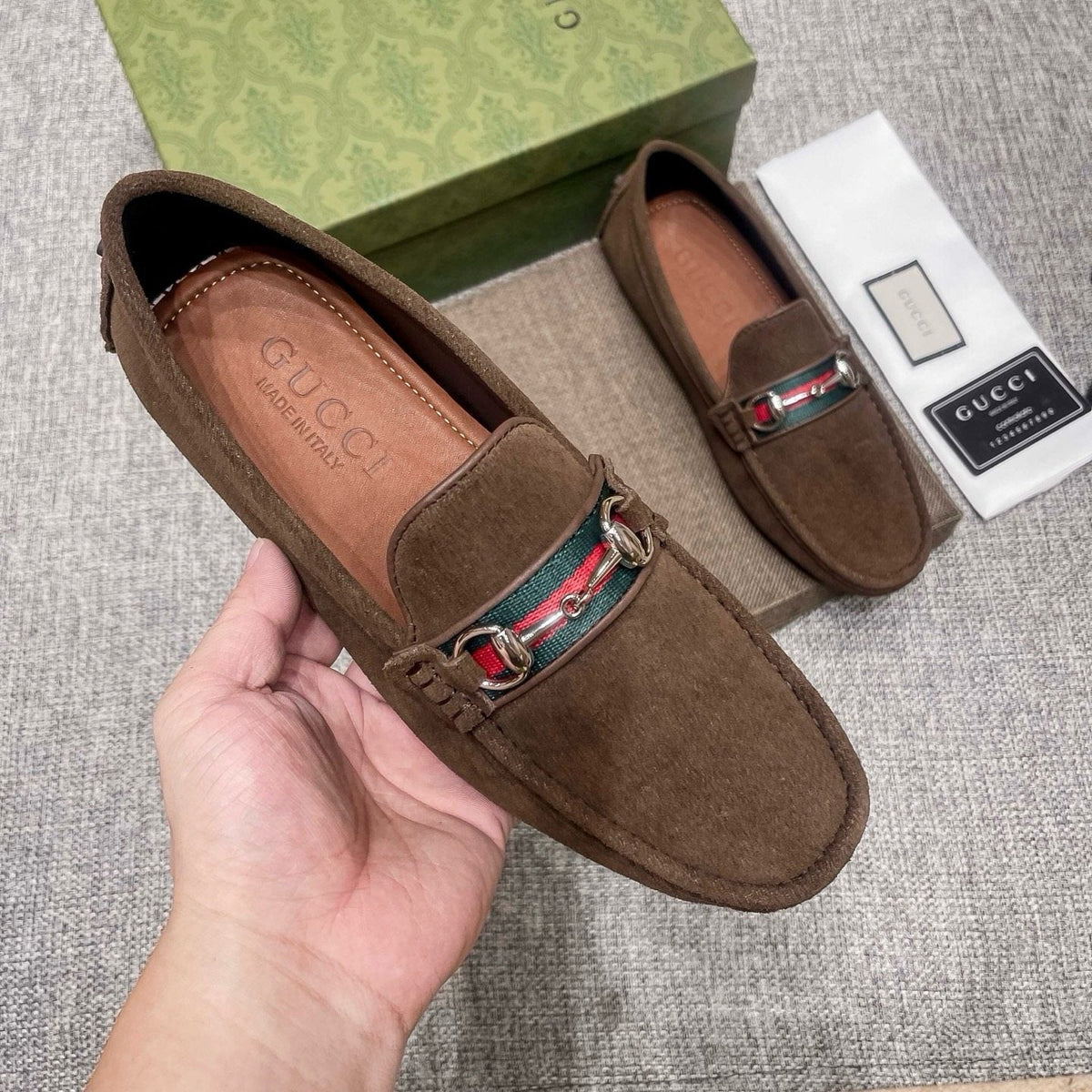 Gucci Brown Web Stripe Loafers — model