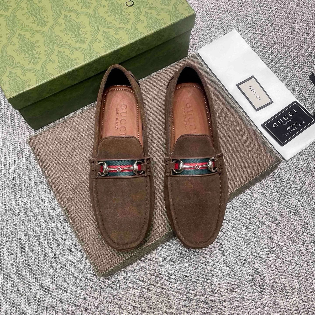 Gucci Brown Web Stripe Loafers — front