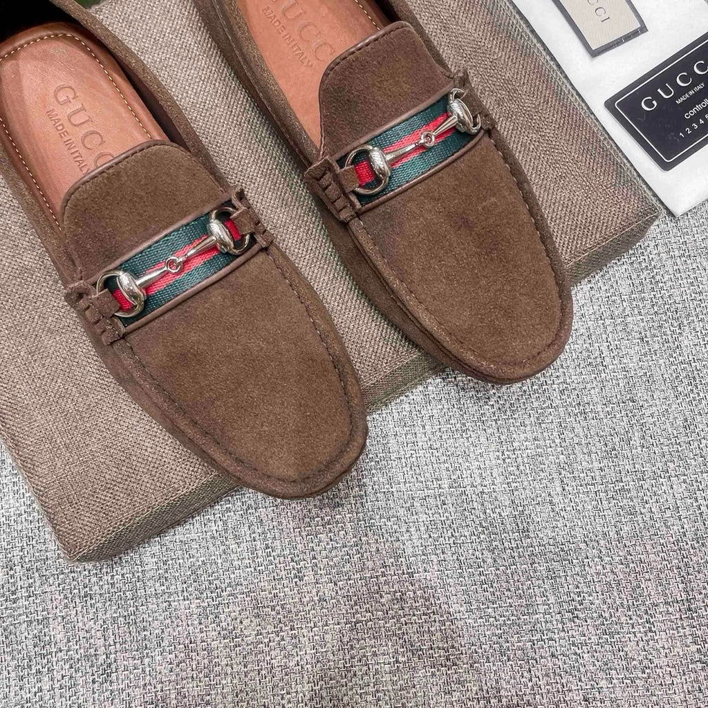 Gucci Brown Web Stripe Loafers — detail