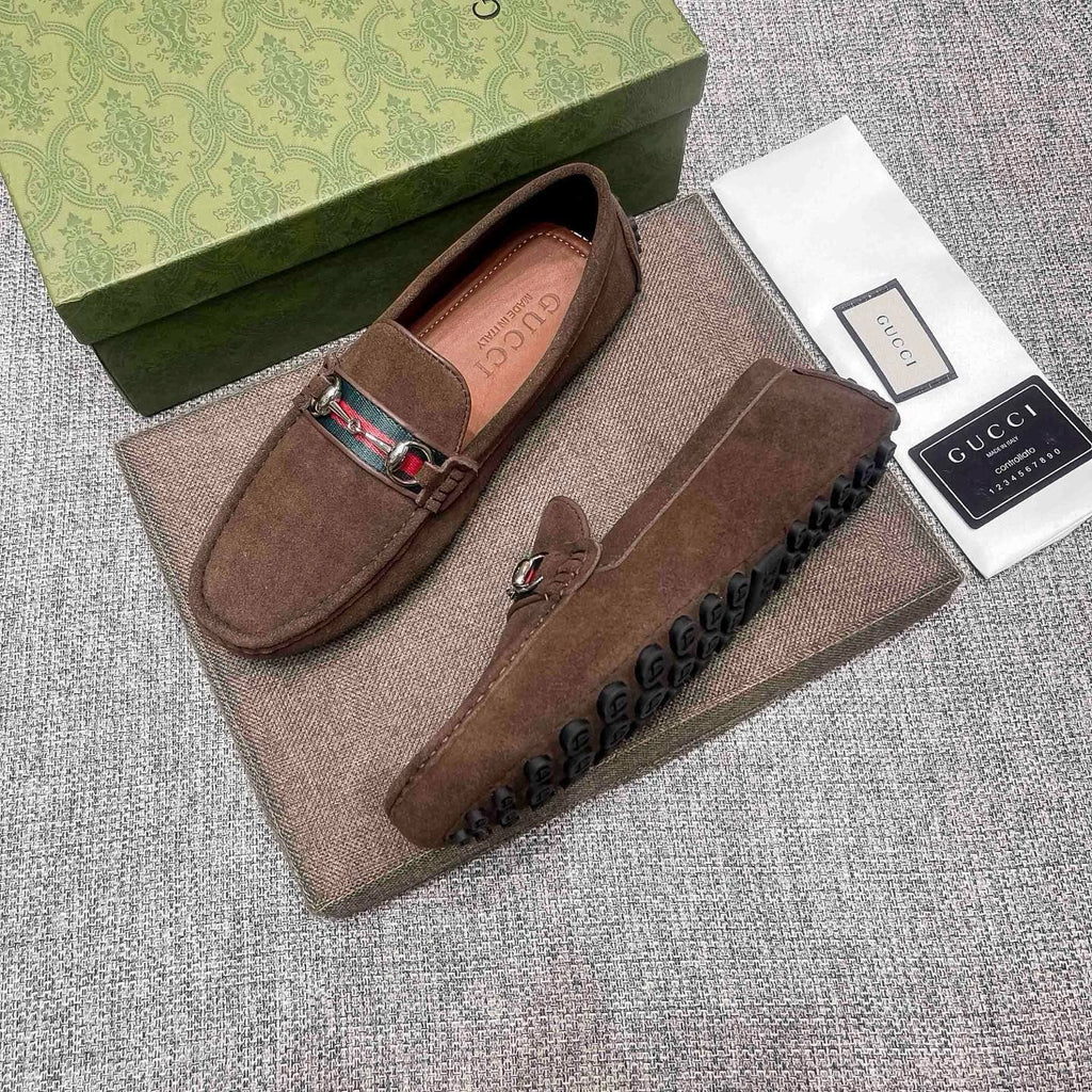 Gucci Brown Web Stripe Loafers — side