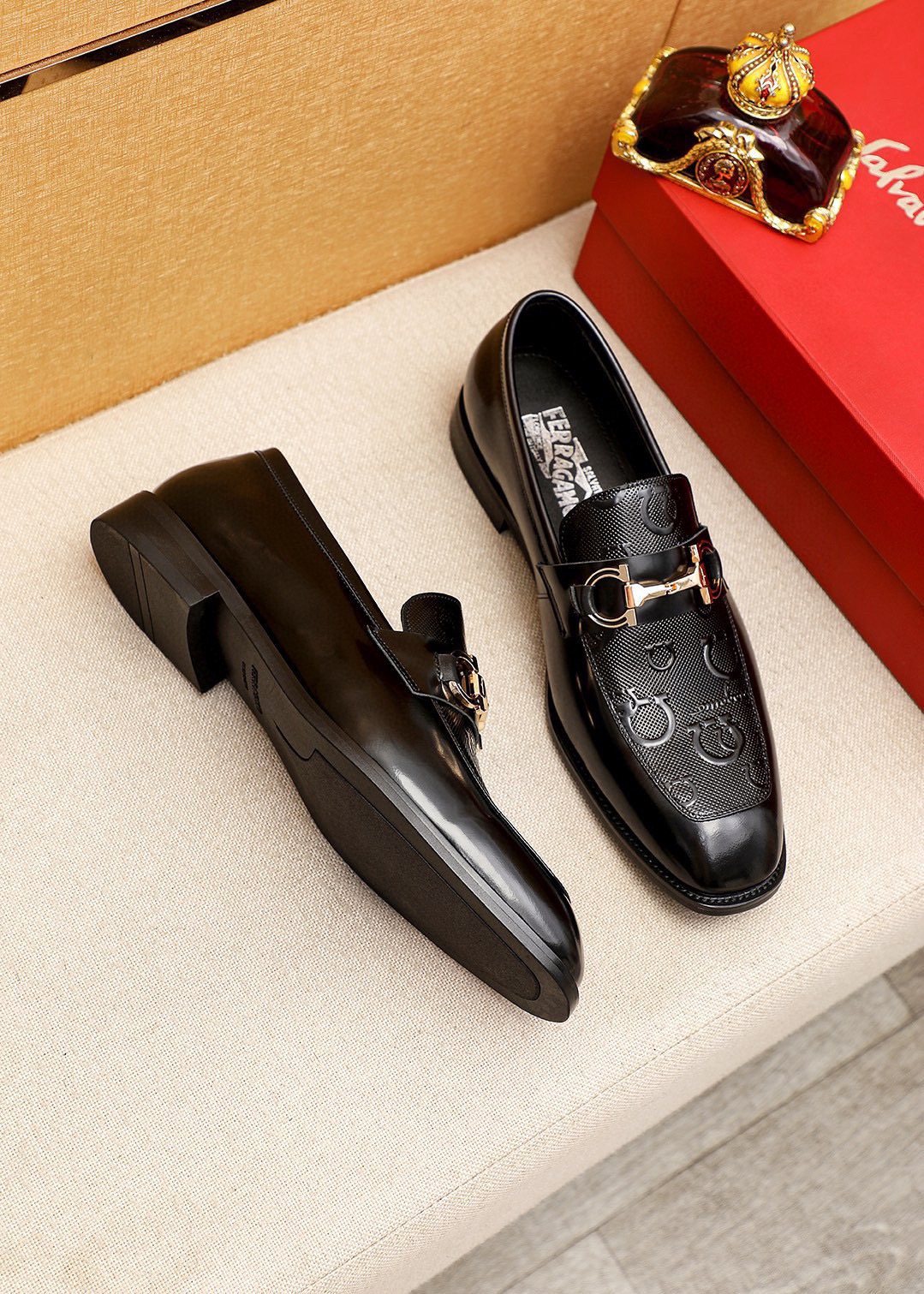 Ferragamo Black Buckle Loafers — front