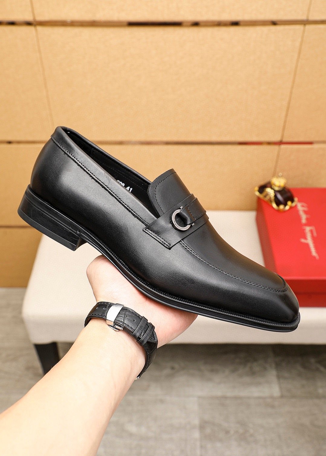 Ferragamo Black Buckle Loafers — side