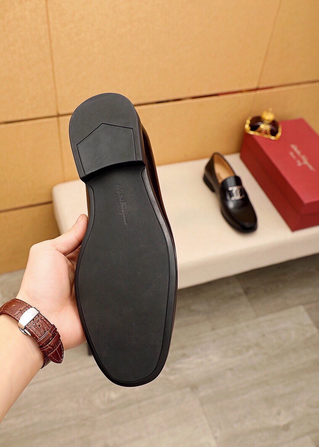 Ferragamo Black Leather Hardware Loafers — side