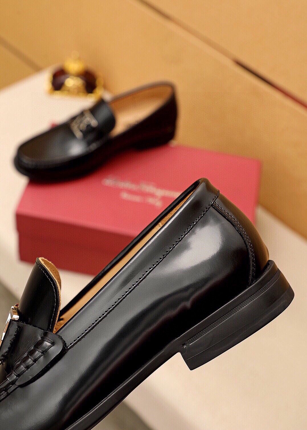 Ferragamo Black Leather Hardware Loafers — side