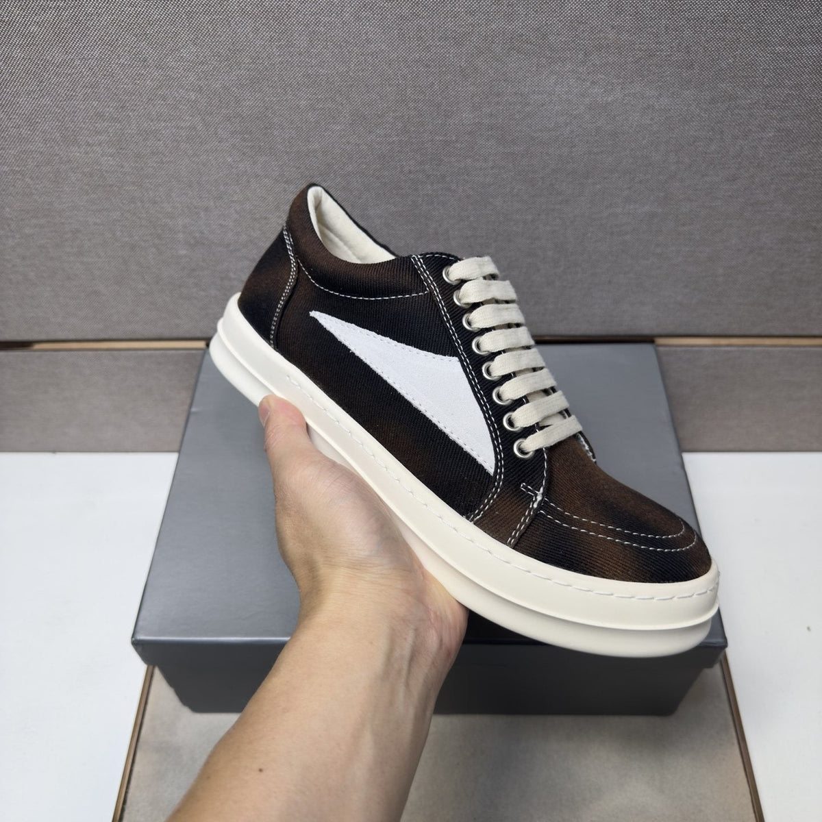 Dark Brown Panel Low-Top Sneakers — model