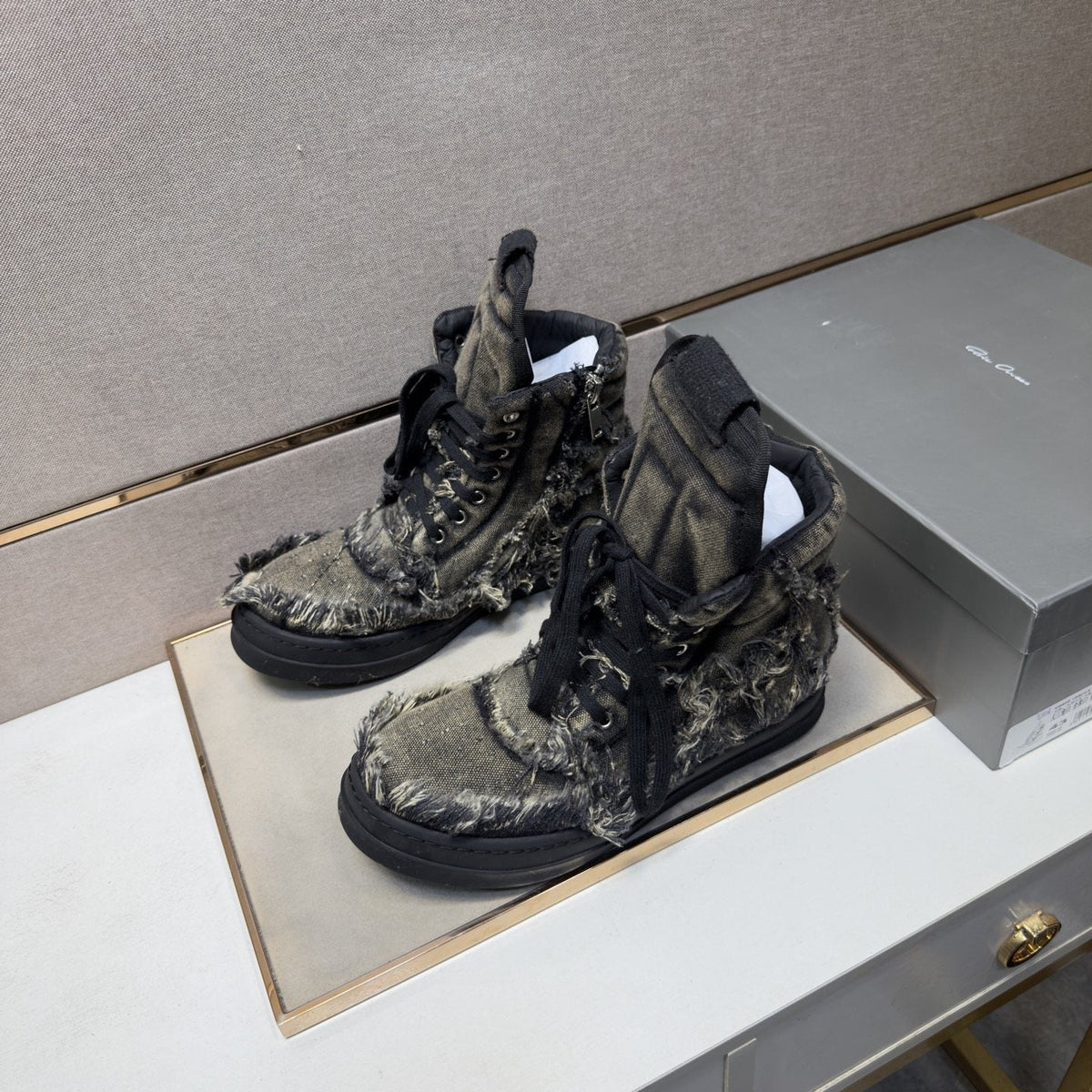 Gray and Black Distressed High-Top Sneakers — side