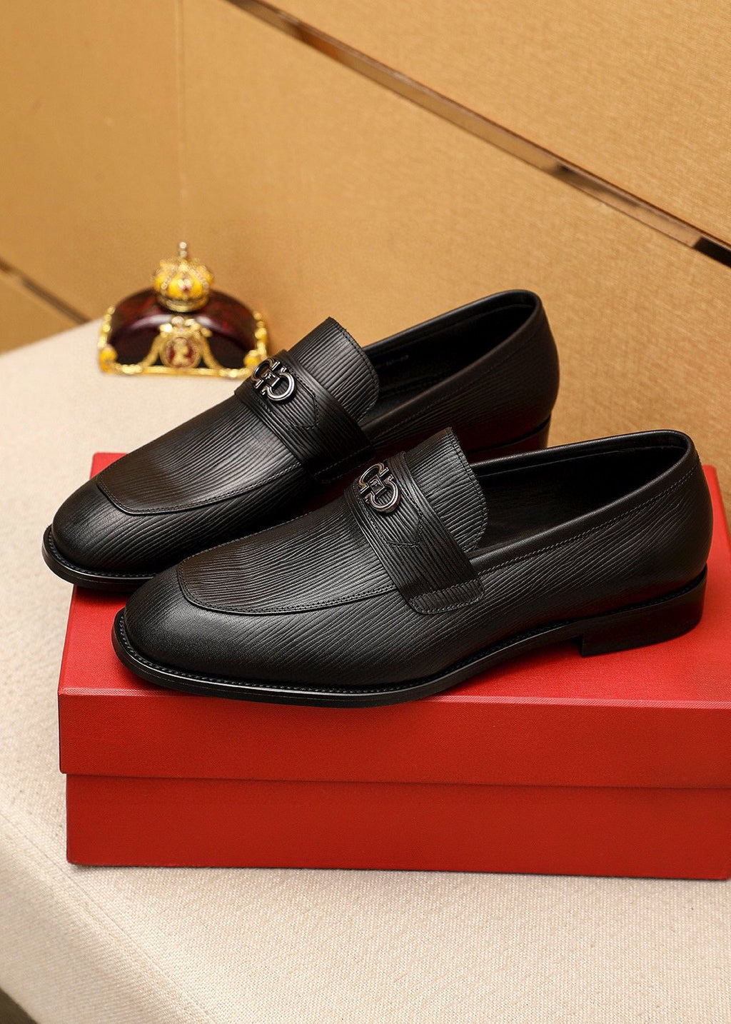 Ferragamo Black Textured Leather Loafers — front