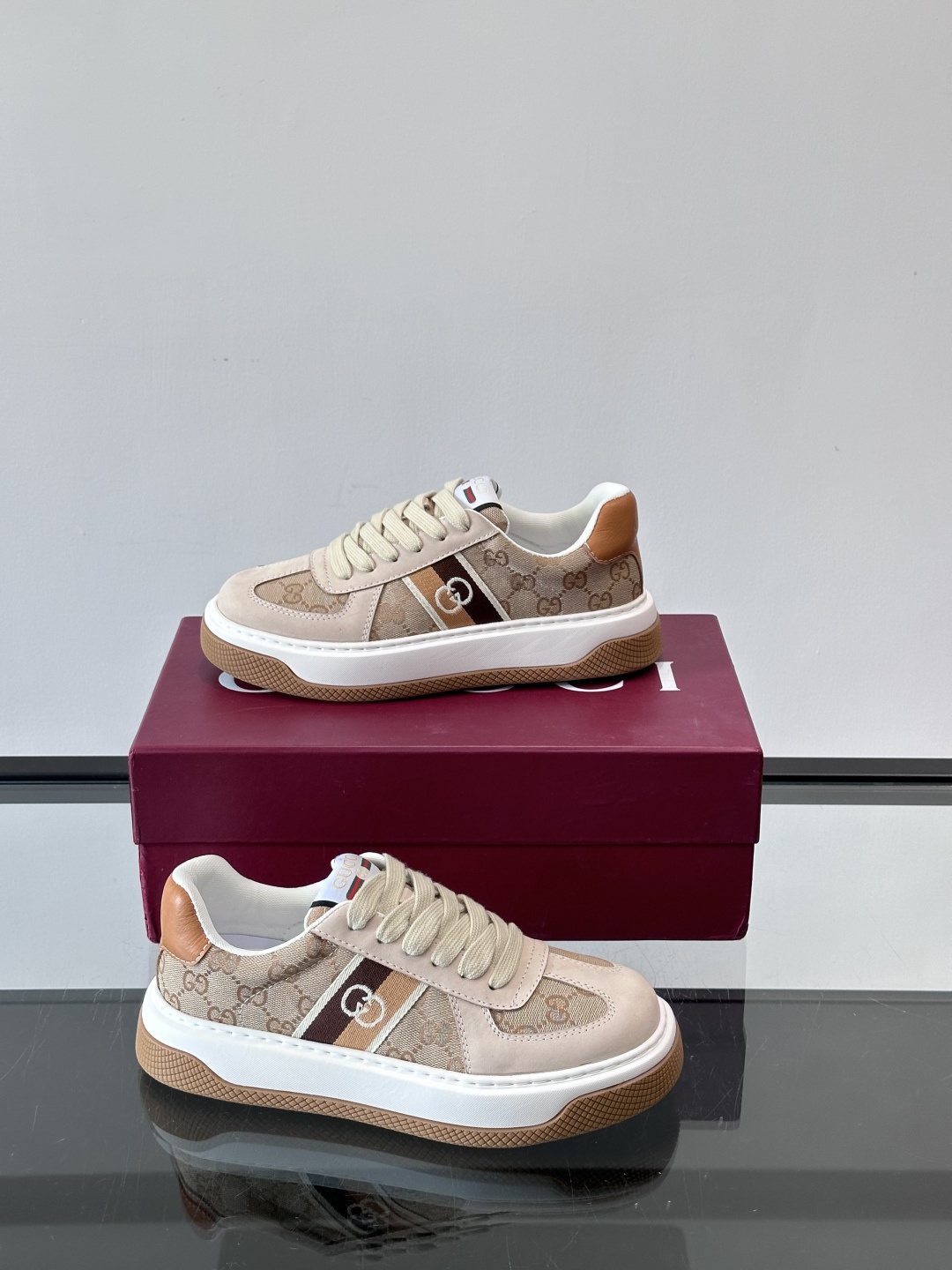 Gucci Beige Patterned Panel Sneakers — front