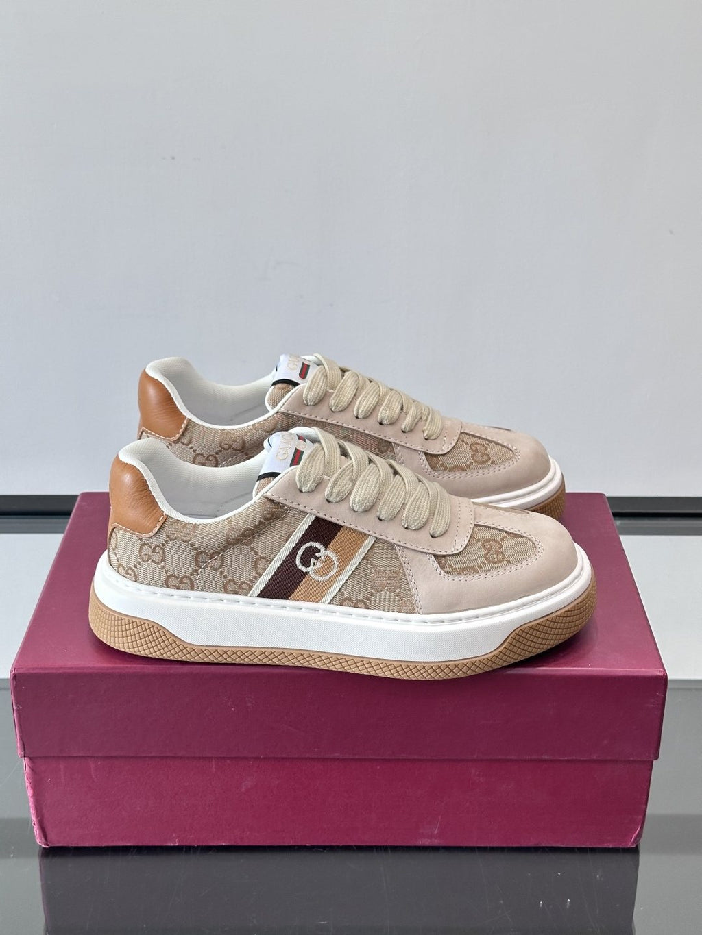 Gucci Beige Patterned Panel Sneakers — hero