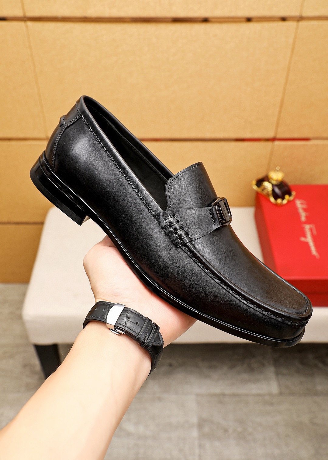 Ferragamo Black Buckle Loafers — model