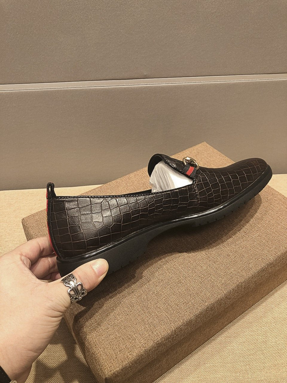 Gucci Black Embossed Horsebit Loafers — side