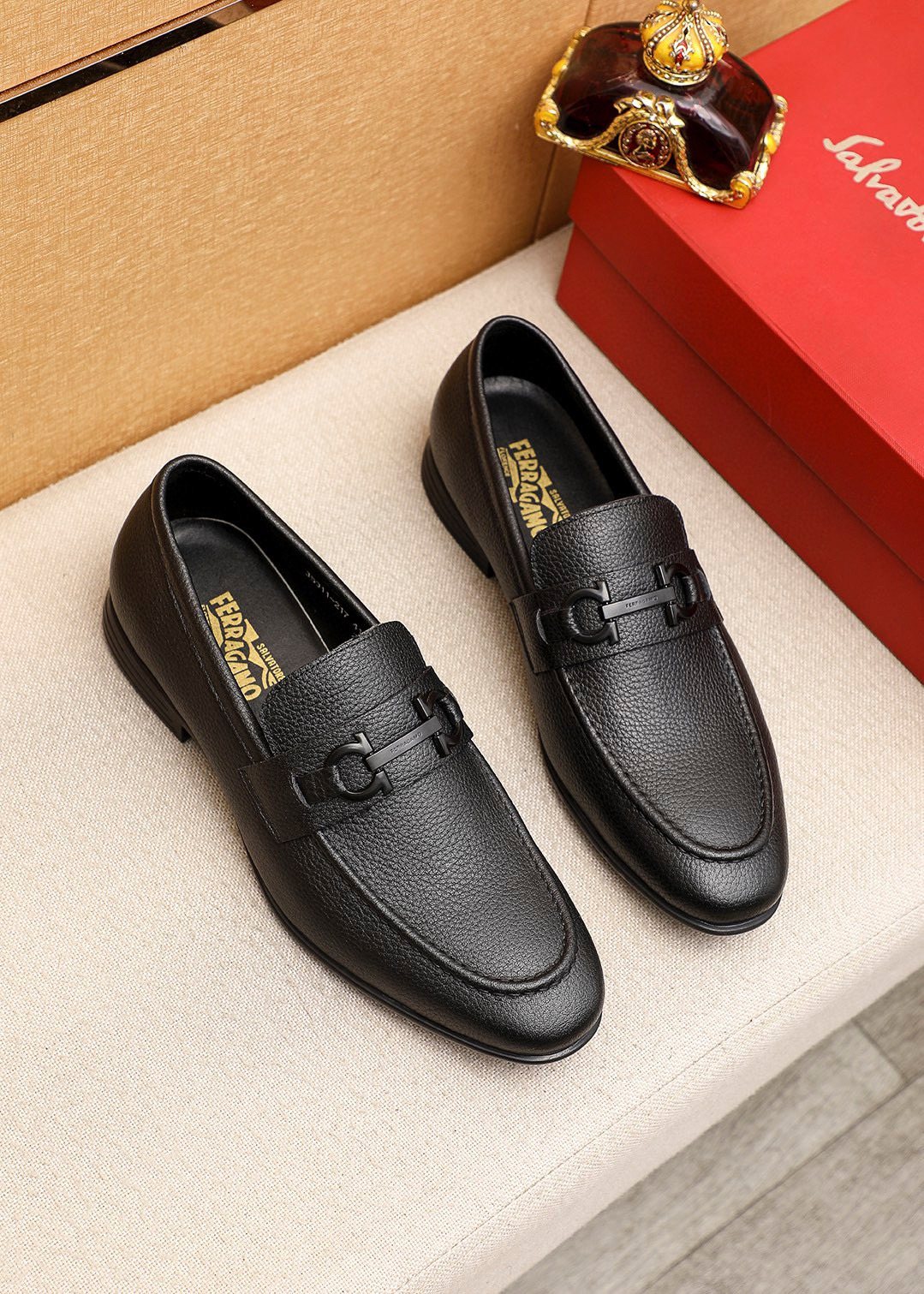 Ferragamo Textured Metal-Strap Loafers — front