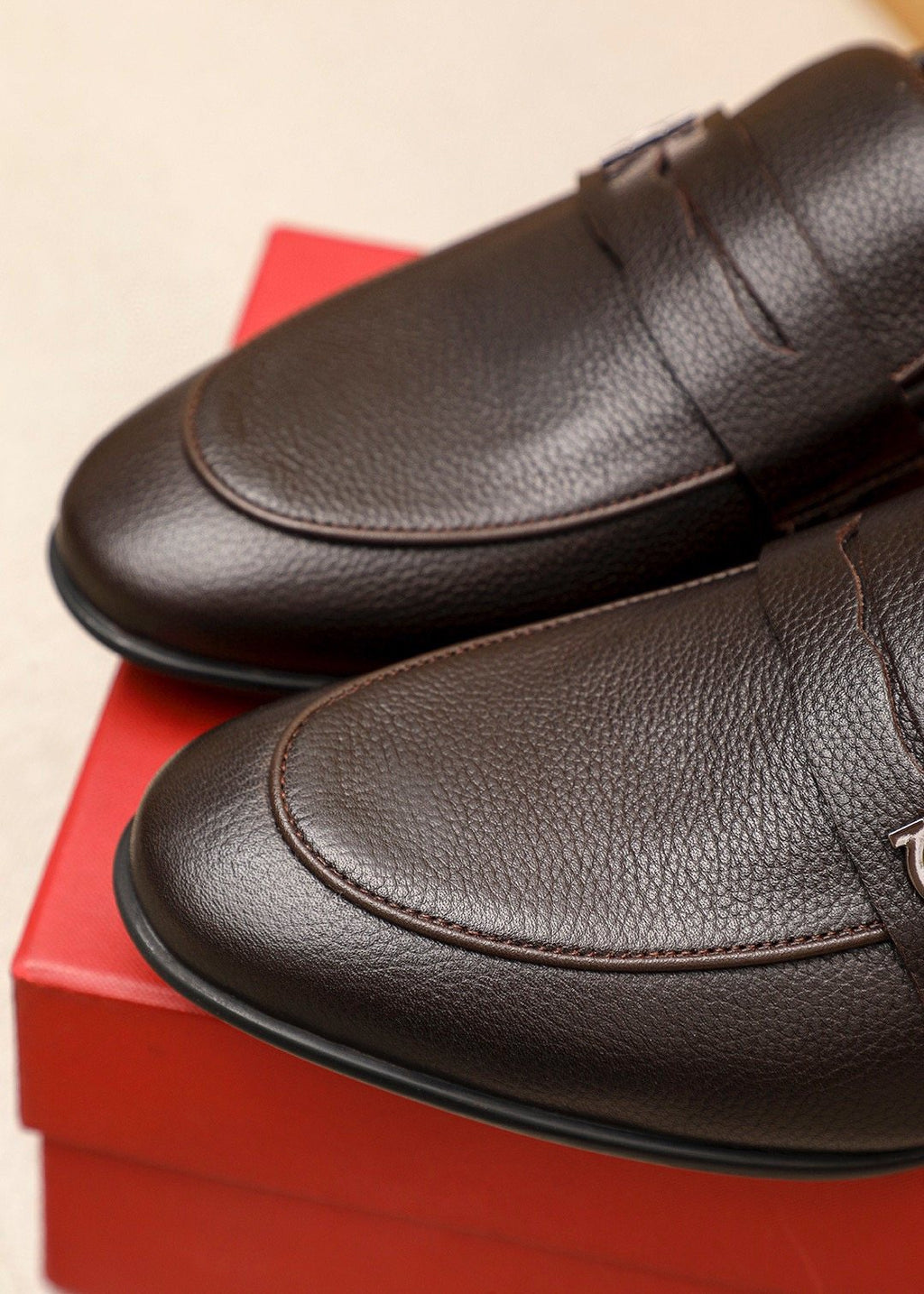 Ferragamo Textured Metal-Strap Loafers — detail