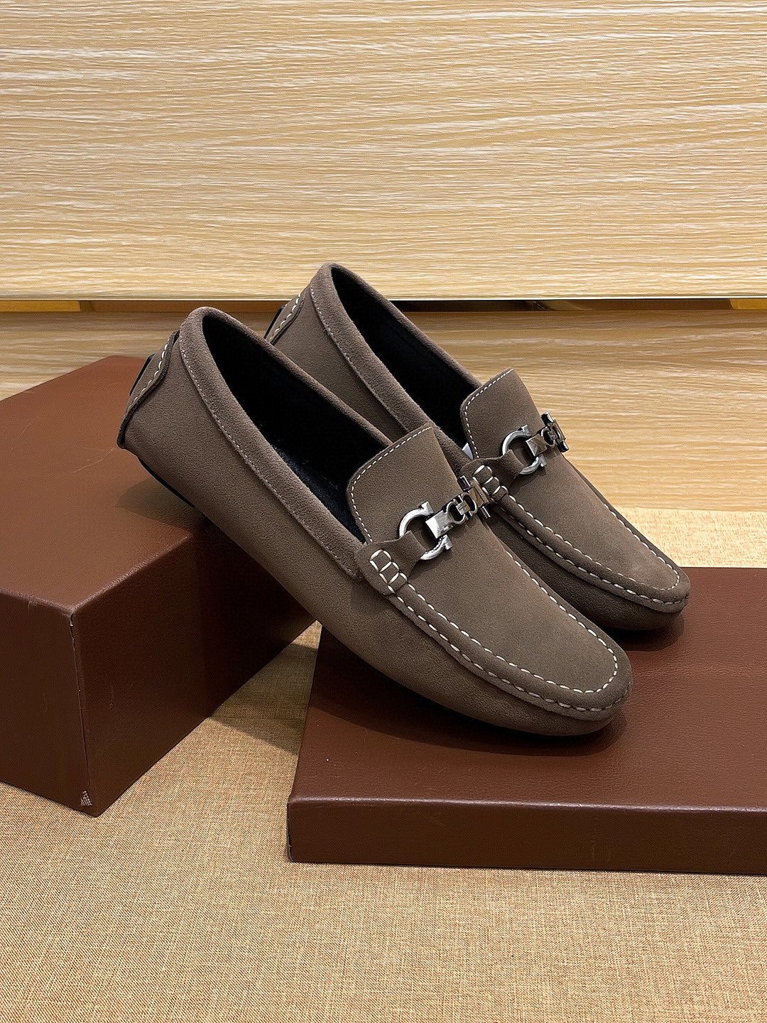 Ferragamo Taupe Bit Loafers — side