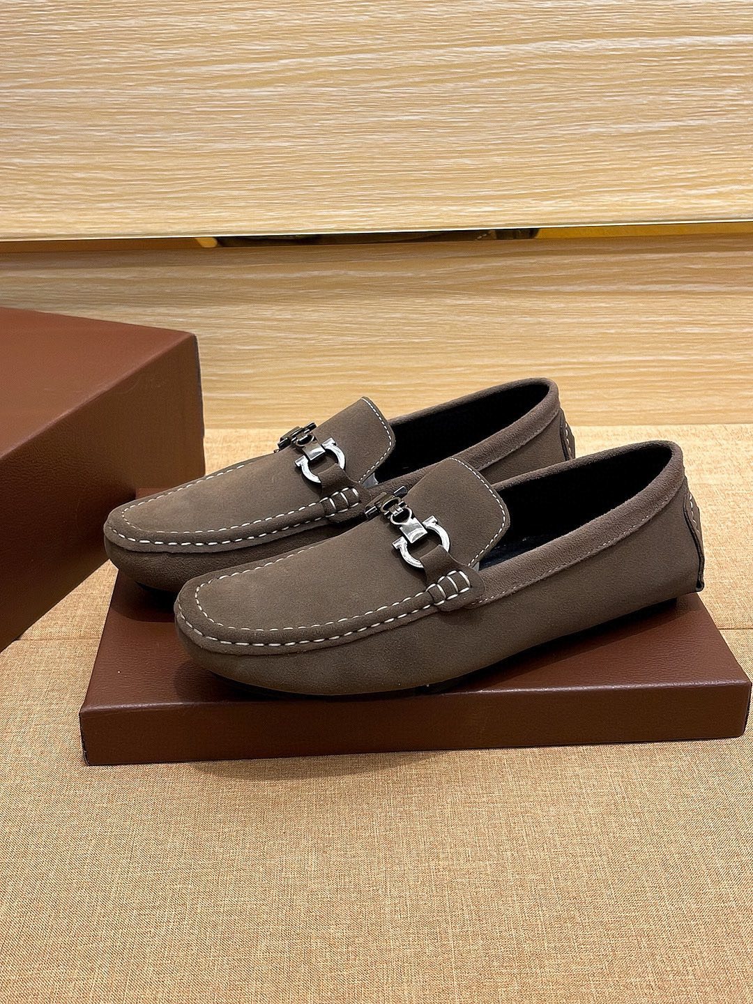 Ferragamo Taupe Bit Loafers — side