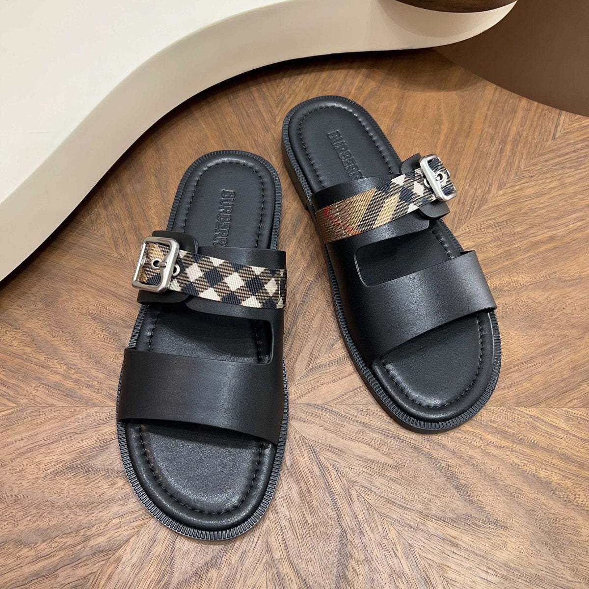 Burberry Plaid Buckle Slide Sandals — front