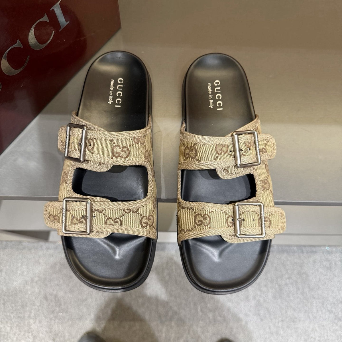 Gucci Double-Buckle Monogram Slide Sandals — front
