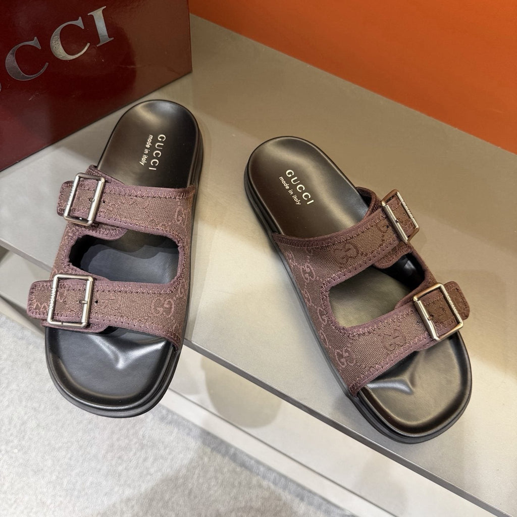 Gucci Double-Buckle Monogram Slide Sandals — front