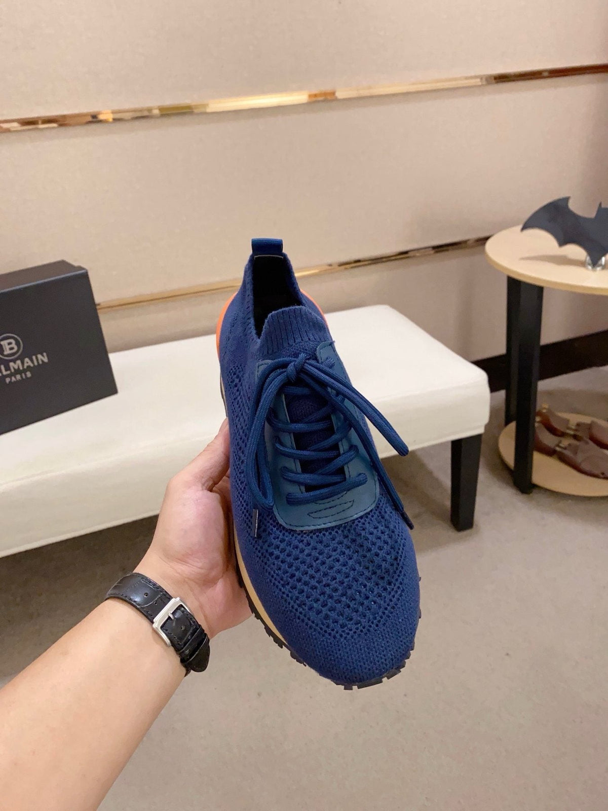 Balmain Blue Knit Low-Top Sneakers — front