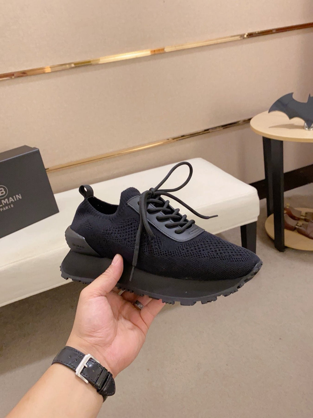 Balmain Blue Knit Low-Top Sneakers — side