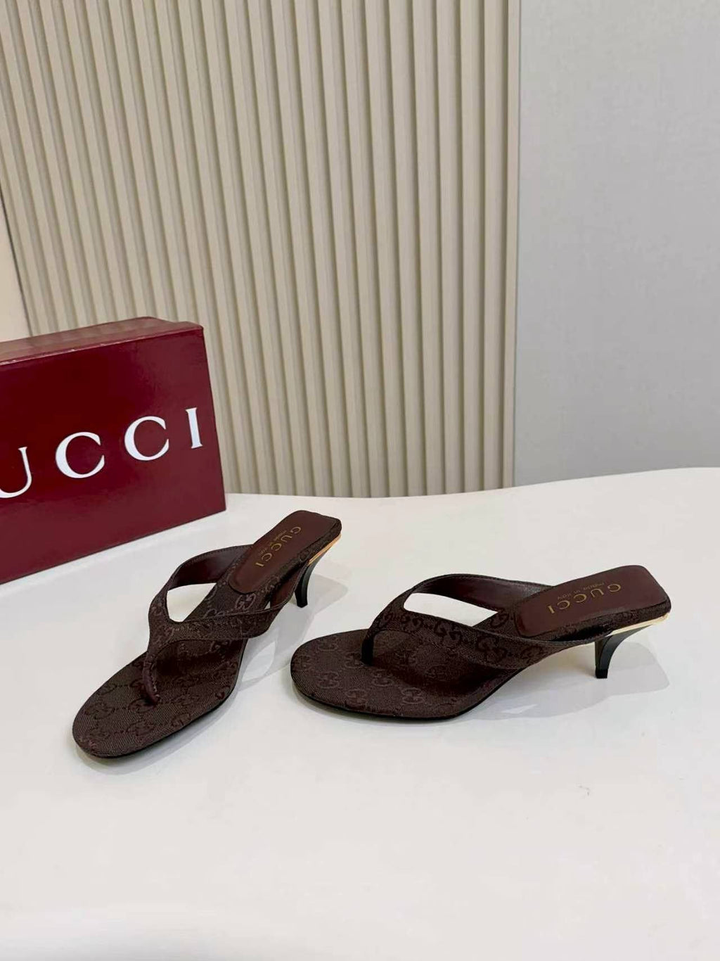 Gucci Monogram Thong Heel Sandals — front