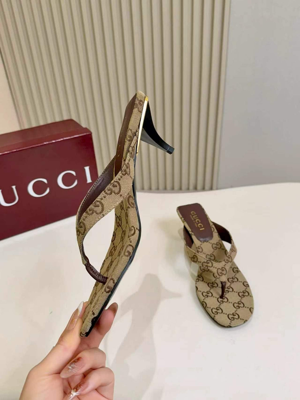 Gucci Monogram Thong Heel Sandals — side