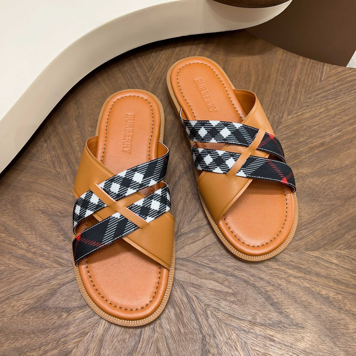 Burberry Plaid Cross-Strap Slide Sandals — front