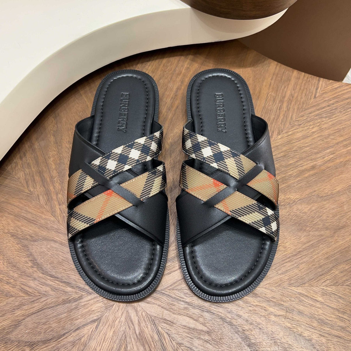 Burberry Plaid Cross-Strap Slide Sandals — front