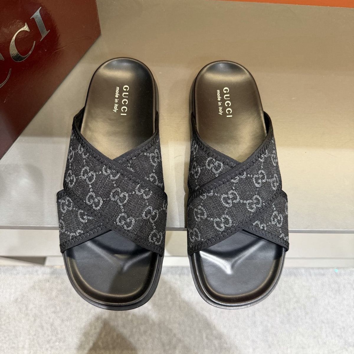Gucci Patterned Cross-Strap Slide Sandals — front